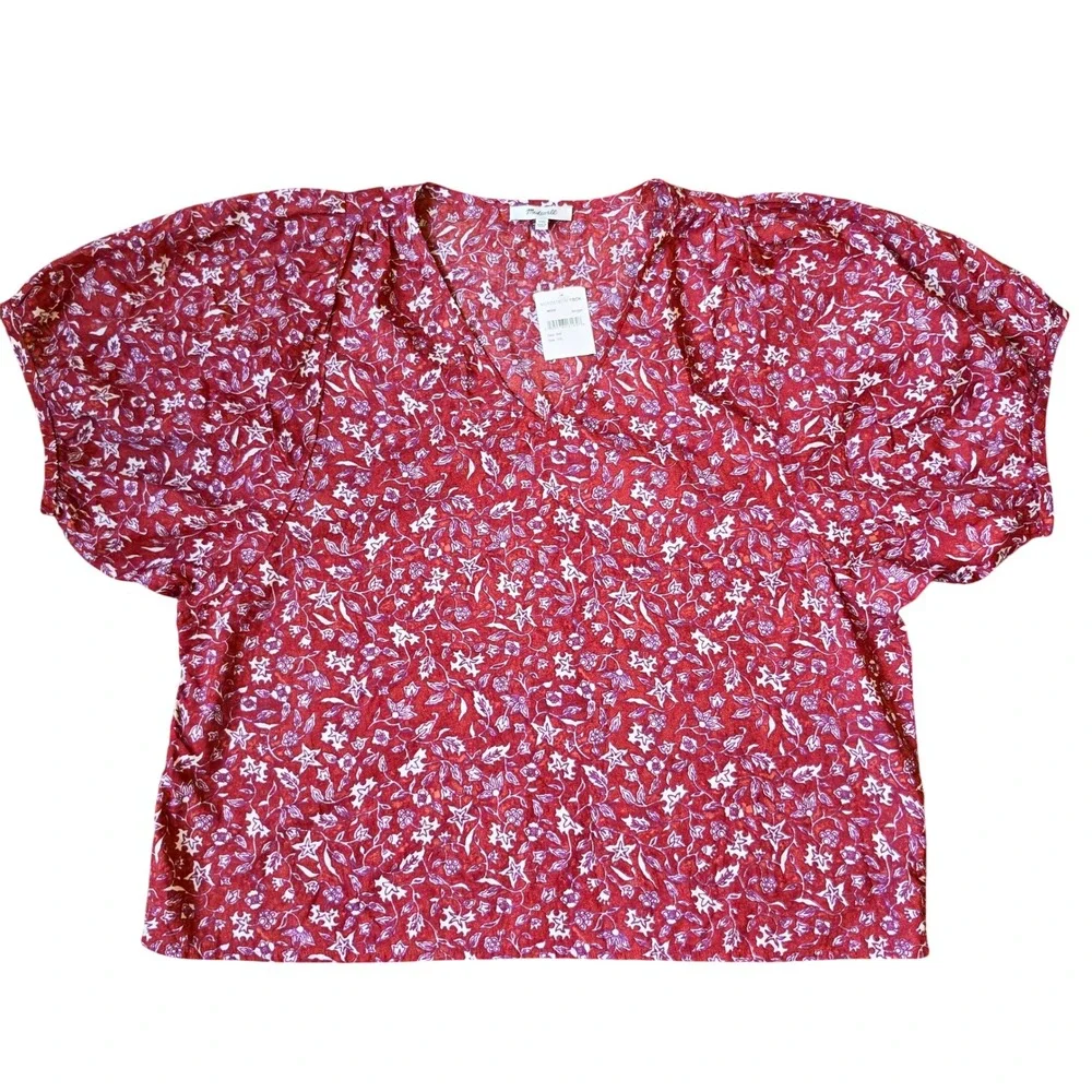 Madewell NWT Womens  NO235 Red Floral V-Neck Puff Short Sleeve Cotton Top XXL